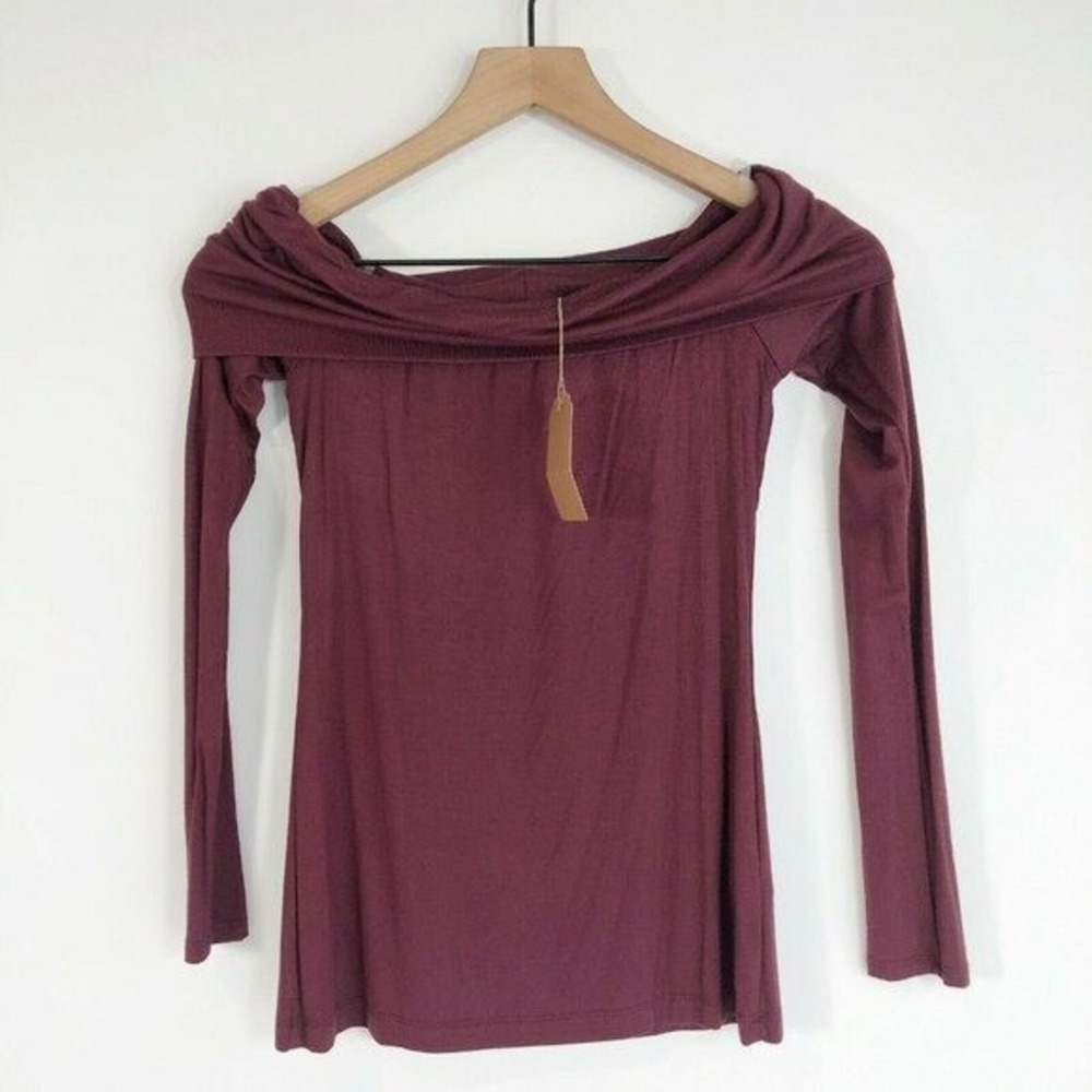 3 Solemio Off The Shoulder Long Sleeve‎ Tee Top S Maroon Fold Over Neck New